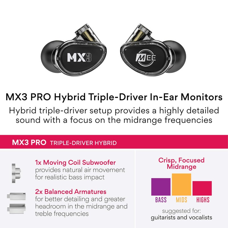 MEE audio Professional MX3 PRO Triple-Driver Hybrid Musician's in Ear Monitor Headphones with Enhanced Midrange and Warm Tonality, Noise Isolating Earphones with Detachable Cables, Black - Image 3